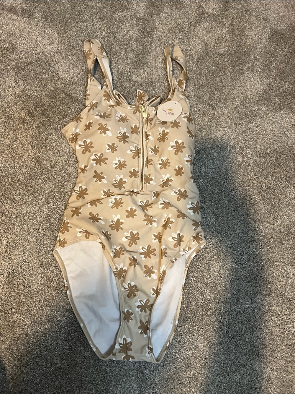 Beige Floral One-Piece Swimsuit with Front Zip